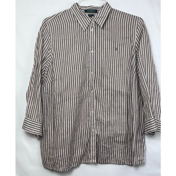 Lauren Ralph Lauren Womens 1X Olive Green/Red Striped 100% Linen Preppy Blouse - Picture 1 of 6